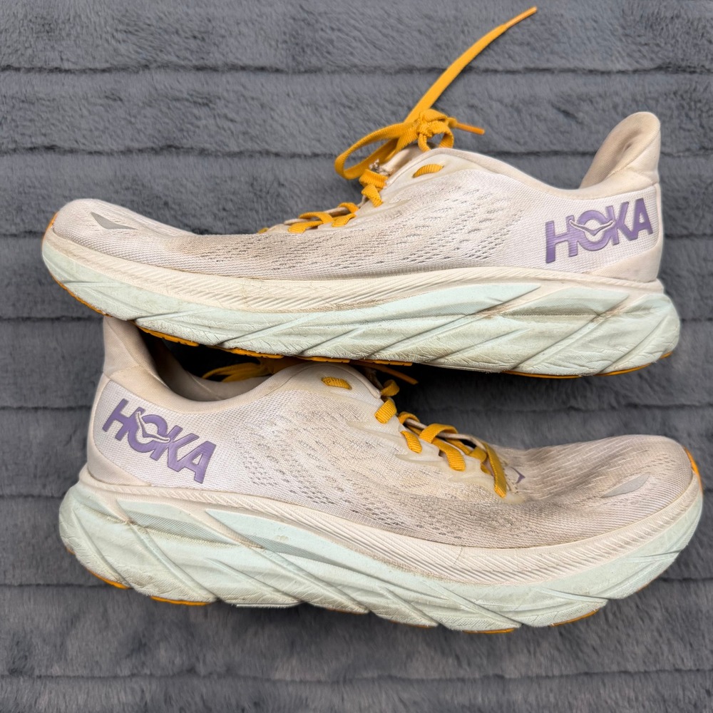 Hoka One One Clifton 8 Womens Running Shoes 9.5B Cream Purple 1119394 BDHW